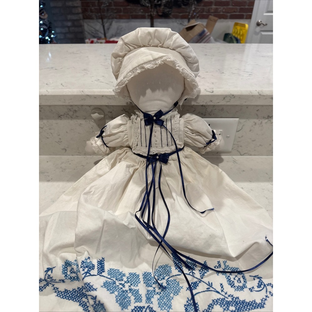 Vintage Embroidered Doll Dress Bonnet Blue Ribbon‎ White Lace Folk Art